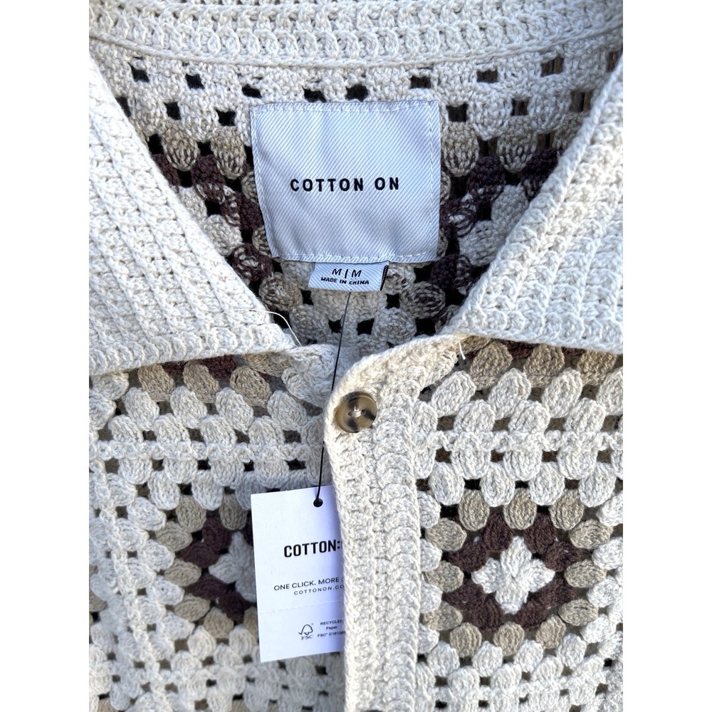 NWT Cotton On Mens Button Down Crochet Havana Shirt Sz M Granny Square Grampcore - Picture 5 of 9